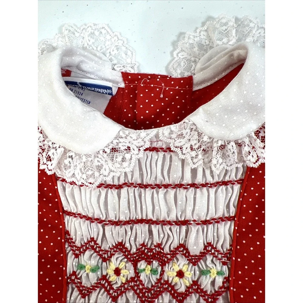 Vintage Polly Flinders Girls Red & White Polka-Dot Lace Smocked Dress Size 3T